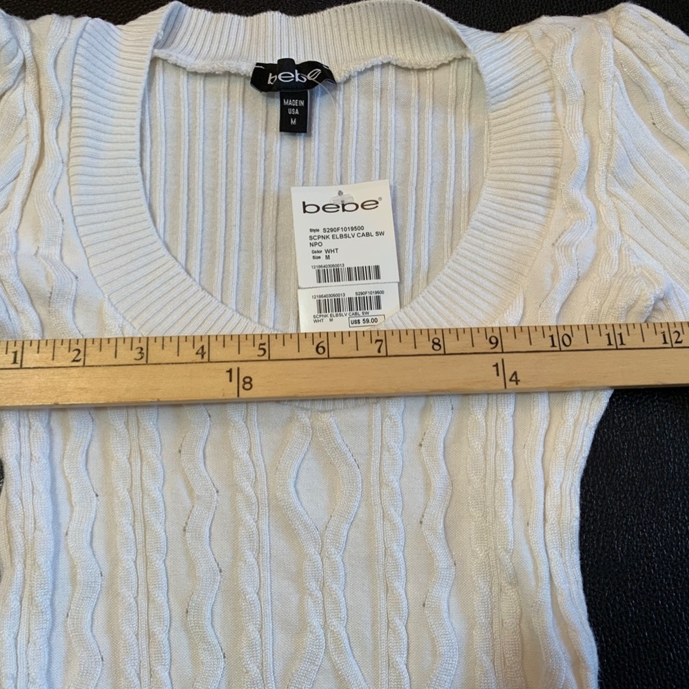 Brand new Bebe White Scoop Neck Elbow-Sleeve Cable Sweater - Sz M (NWT) - Picture 4 of 8